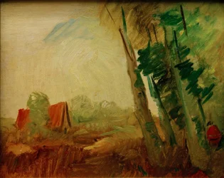 Rotes Haus im Feld vor Waldrand rechts