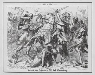 Der rebellische Herzog Rudolf von Schwaben tödlich verwundet in der Schlacht an der Elster