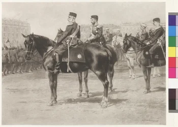 Kaiser Franz Joseph I und Zar Nikolaus II bei der Parade auf dem Champ-de-Mars in St. Petersburg