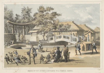Brücke aus behauenem Stein und Eingang zu einem Tempel, Simoda, 1855