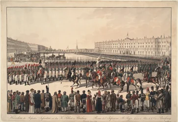 Eine Überprüfung der russischen Infanterie auf dem Palastplatz in St. Petersburg, 1809-1813