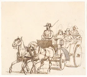 Landauer. Kutscher mit dreieckigem Hut, Herrschaft und Diener