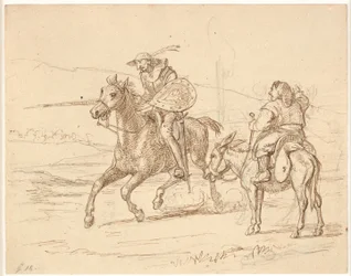 Während Sancho zusieht, greift Don Quixote an