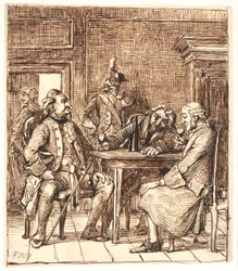 Szene aus Barselsstuen. Corfitz trinkt Rheinwein mit dem Offizier und Jens Olsen