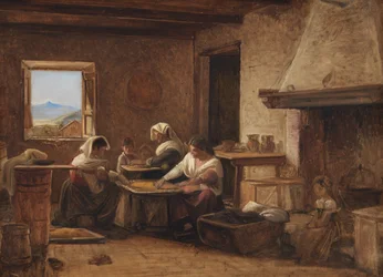 Frauen arbeiten in der Küche eines Bauernhauses in der Nähe von Olevano, Italien