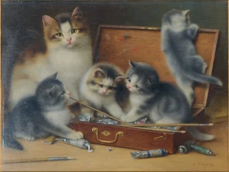 Katzenmutter und ihre Kätzchen beim Spielen in einem Malkasten