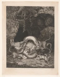 Löwe und Löwin schützen Welpen vor einer Schlange