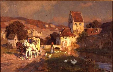 Ein Pferd und eine Kutsche an einem Fluss