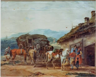 Pferdewechsel eines Reisewagens