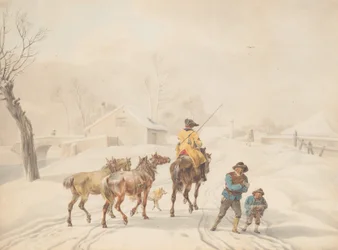Postillion auf einem Pferd in einer Winterlandschaft, ca. 1798.