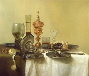 Ein Stillleben mit Gläsern, Tellern und Essen, 1638