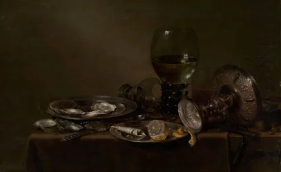 Stillleben mit Austern, einer silbernen Tazza und Glaswaren, 1635