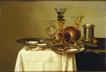 Stillleben mit einem Römer auf einem vergoldeten Ständer, Steinzeug und Austern, 1637