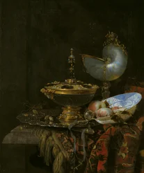 Prunkstillleben mit Holbeinschale, Nautiluspokal, Glaspokal und Obstschale