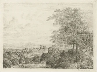 Südliche Landschaft mit Tempel und Figuren