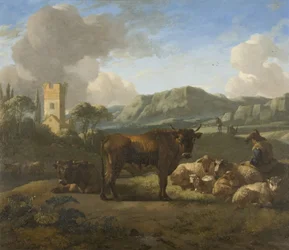Vieh und Hirten in einer hügeligen Landschaft, ca. 1650-70