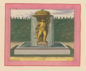 Brunnen mit einer Skulptur dreier tanzender Putten, die eine Schale über ihren Köpfen tragen