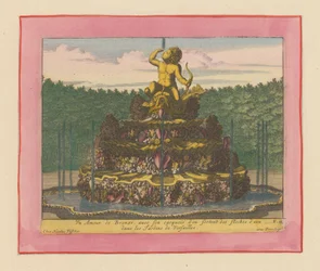 Brunnen mit der Statue eines auf einem Delfin sitzenden Puttos mit einem Bogen in der Hand