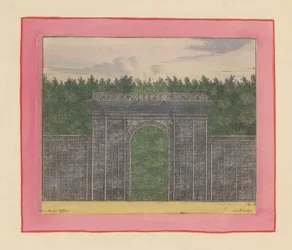Rechteckige Laube aus Gitterwerk mit einem Tor in der Mitte vor einer Hecke in den Gärten von Versailles