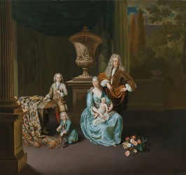 Diederik Baron van Leyden van Vlaardingen (1695-1764). Bürgermeister von Leiden, mit seiner Frau Sophia Dina de Rovere und ihren Söhnen Pieter, Jan und Adriaan Pompejus