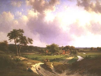Weitläufige Landschaft mit einem Bauernhof und Bauern auf einem Pfad