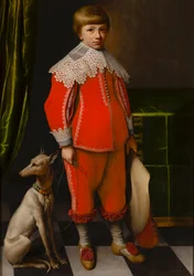 Porträt eines achtjährigen Jungen mit einem Whippet auf einem Schachbrettboden