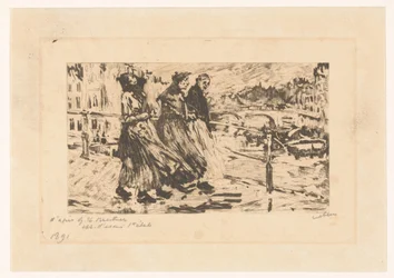 Drei Frauen auf einer Brücke bei Wind und Regen