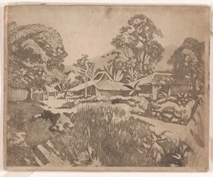 Häuser in der Kampong mit den Vulkanen Salak und Gedeh im Hintergrund, Buitenzorg