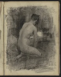 Kniende weibliche Akt in einem Interieur