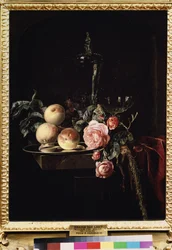 Stillleben mit Rosen und Pfirsichen