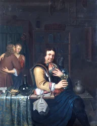 Interieur mit einem trinkenden Kavalier und einem sich umarmenden Paar, ca. 1690-1700
