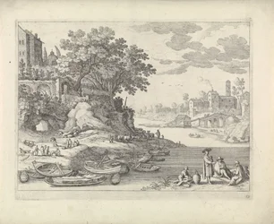 Hafen mit Ruderbooten, Figuren und Vieh