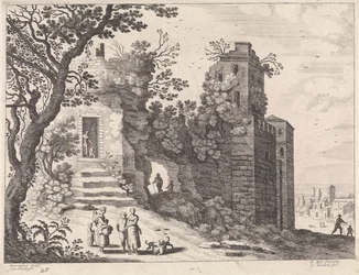 Ruine mit einer Gruppe von Frauen und Kindern