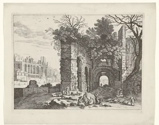 Rastende Familie vor einer Ruine