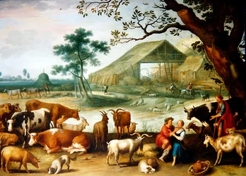 Ein Bauernpaar mit Vieh bei einem Bauernhof