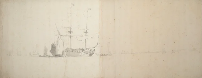 Ein niederländisches Schiff vor Anker vor dem Land, ca. 1666 (Graphit)