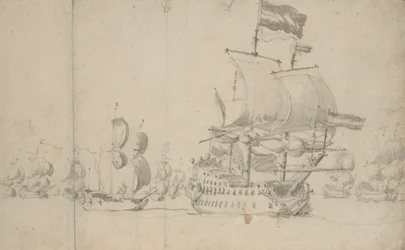Ein niederländisches Flaggschiff mit einem Depeschenboot an ihrer Seite, Mai 1672?