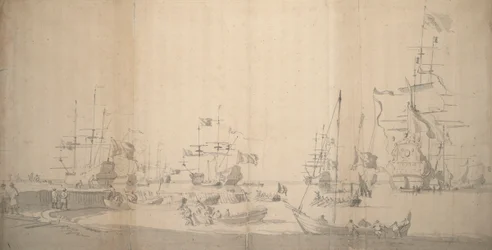 Eine Weyschuit wird in einem überfüllten Hafen an Land gezogen, ca. 1672