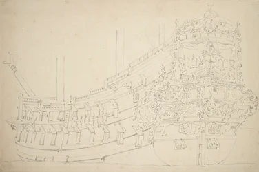 Ein Amsterdamer Schiff, möglicherweise ein Ostindienfahrer, mit etwa 50 Kanonen, um 1670