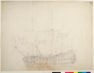 Ein englisches Drittklasseschiff mit 60 Kanonen, von der Backbordseite gesehen, ca. 1673