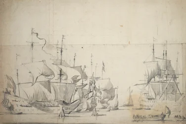 Niederländische Kriegsschiffe beim Segeltrocknen, ca. 1658