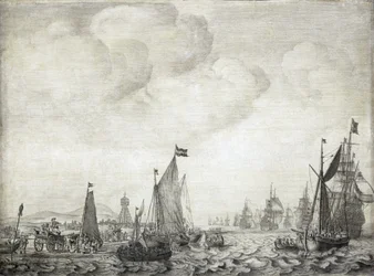 Handelsschiffe in den Orient und ihre Eskorte, die Vlie (oder Vliestroom) verlassen, Seeweg zwischen den Inseln Vlieland und Treschelling (Holland), 9. Juni 1645