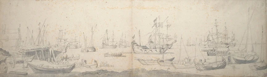 Weyschuits, eine Kaag und niederländische Kriegsschiffe im Texel