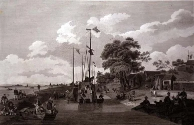 Ansicht des Pao-Yng-Sees, wo er durch einen Erddamm vom Großen Kanal getrennt ist, graviert von William und Elizabeth Ellis, veröffentlicht von G. Nicol