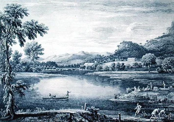 Ansicht von Winander Meer bei Ambleside, graviert von Chatelin und Muller