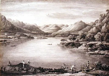 Ansicht des Kopfes von Ulswater in Richtung Patterdale, graviert von Chatelin und Mason