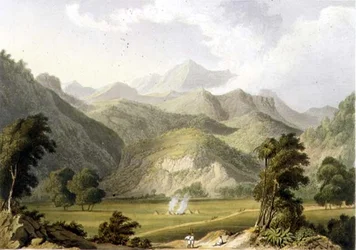 Zugang zum Bore Ghaut, nach einem Gemälde von Lt. Col. Johnson, graviert von T. Fielding und koloriert von J.B. Hogarth