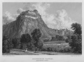 Edinburgh Schloss, von der Princes Street (Stich)