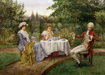 Lesen im Garten. Ein Mann liest zwei träumenden Frauen ein Gedicht vor. Gemälde von William A. Breakspeare
