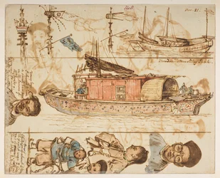 140 Mandarins Reisende Dschunke, aus einem Album von 372 Zeichnungen von Landschaften, Küstenlinien, Kostümen und Alltagsleben, erstellt während Lord Macartneys Gesandtschaft an den Kaiser von China, zwischen 1792 und 1794 (Bleistift & Aquarell auf Papier)